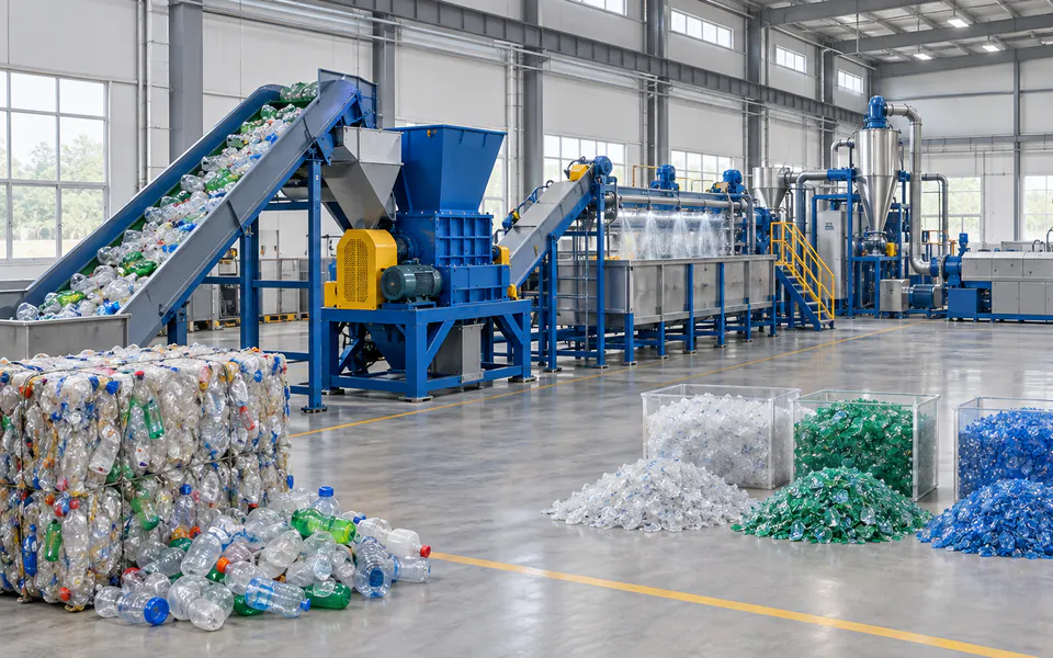 Línea de lavado y reciclaje de botellas PET en escamas